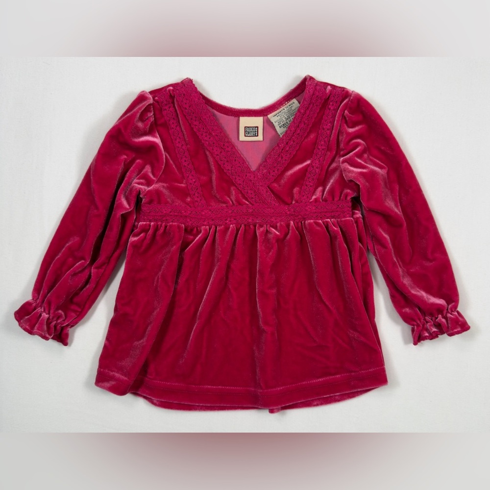FADED GLORY Y2K VINTAGE‎ Baby Girls’ Hot Pink Velour Lace Long Sleeve Top 12M